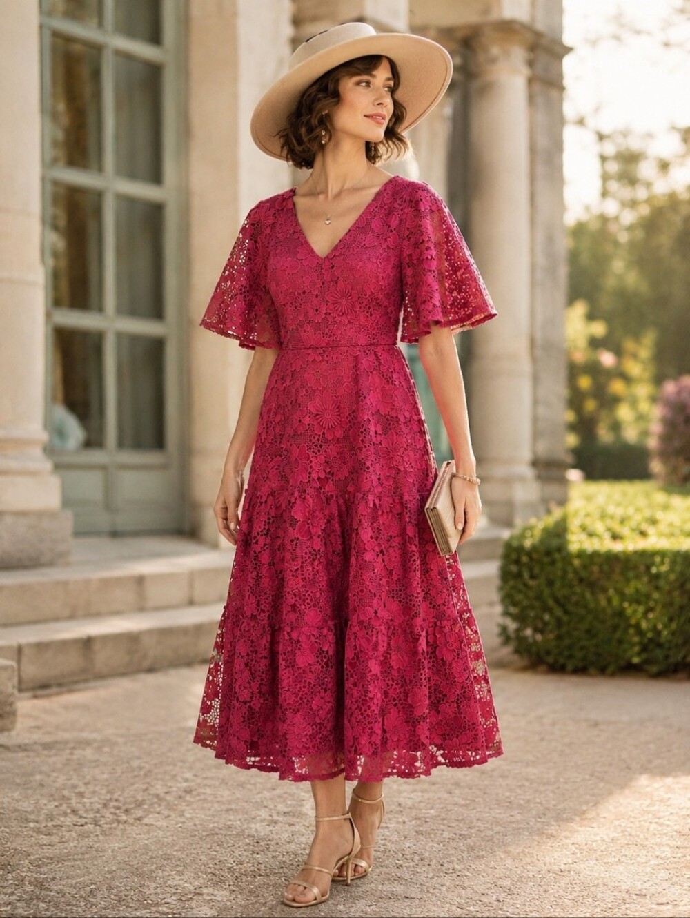 Abbey Glass Tuckernuck Elegant Lace Midi Dress in Deep Raspberry Size Large